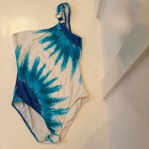 Trina Turk Indio Blue and White Tie-Dye One Shoulder Swimsuit Size 8